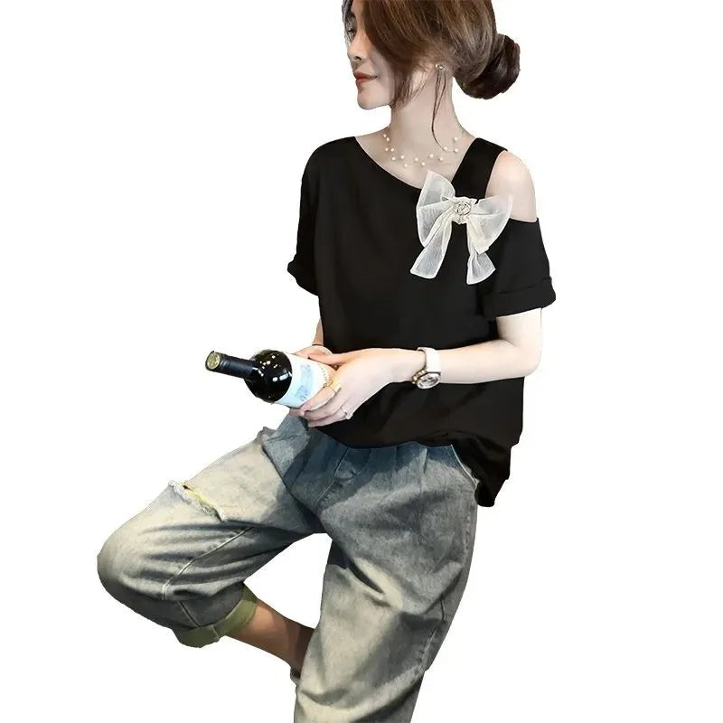 HIKIGAWA Women's Casual Summer Tee – Bow Detail, O-Neck, Short Sleeve Cotton Blend