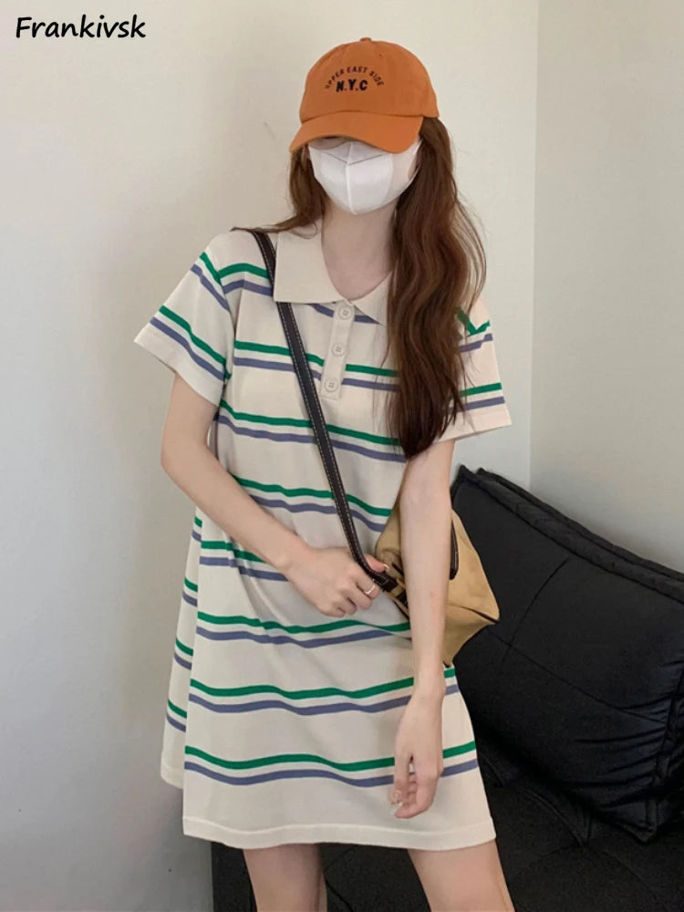 Frankivsk Women's Japanese Style Striped Turn-Down Collar Mini Dress for Spring/Summer