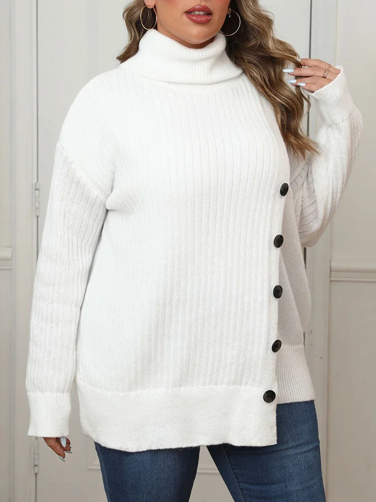 Plus Size Women's Turtleneck  Autumn Winter Drop Shoulder Button Casual Warm Pullover Female White Jumper