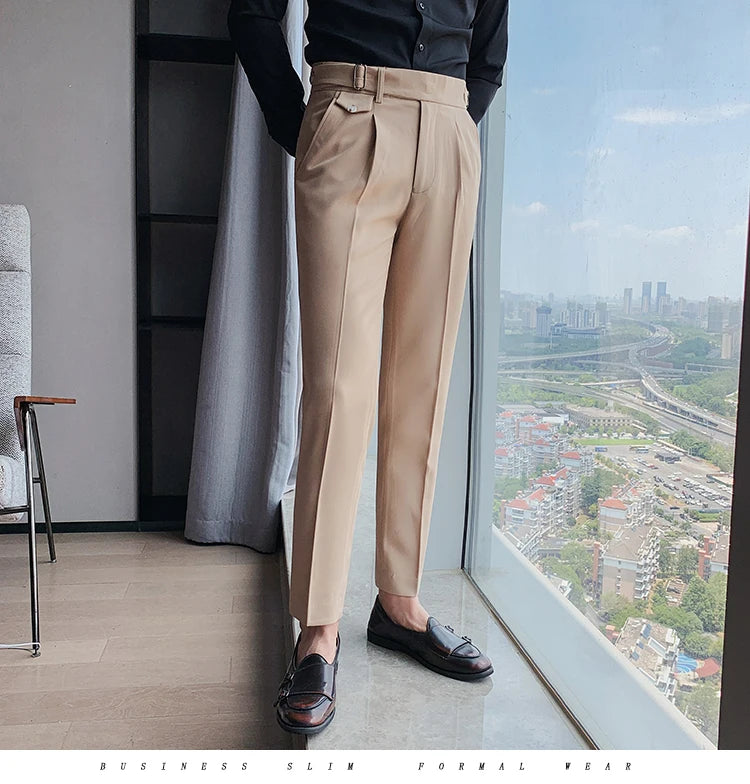 British Style New Solid High Waist Pant Men Business Formal Wear Trousers 2024 High Quality Slim Casual Office Suit