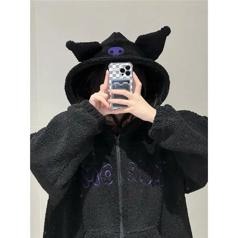 Sanrio Kuromi Hoodies Cartoon Black Embroidery Thin Coat Women Tops Autumn Looses Clothes