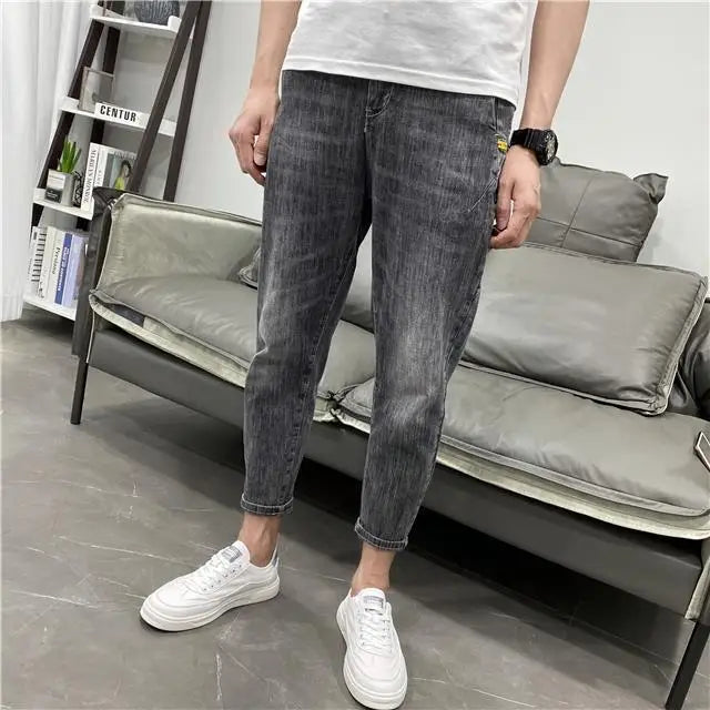 Fashionable Summer Autumn Luxury Cotton Trousers for Men Slim Solid Jeans with Stretch Classic Casual and Formal Wear Grey Jeans