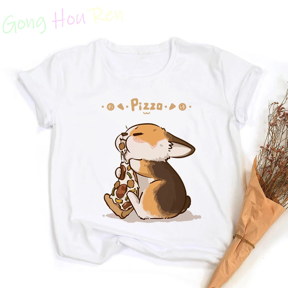 Gong Hou Ren Women’s Corgi Cartoon Graphic T-Shirt – Summer 2024 Collection