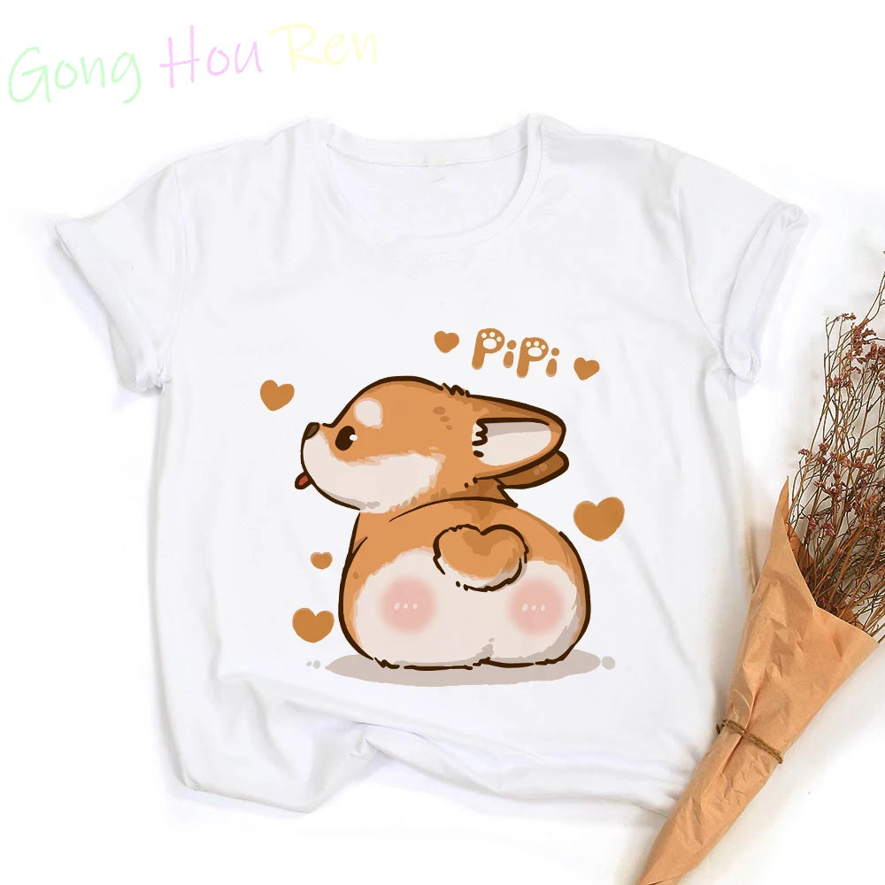 Gong Hou Ren Women’s Corgi Cartoon Graphic T-Shirt – Summer 2024 Collection