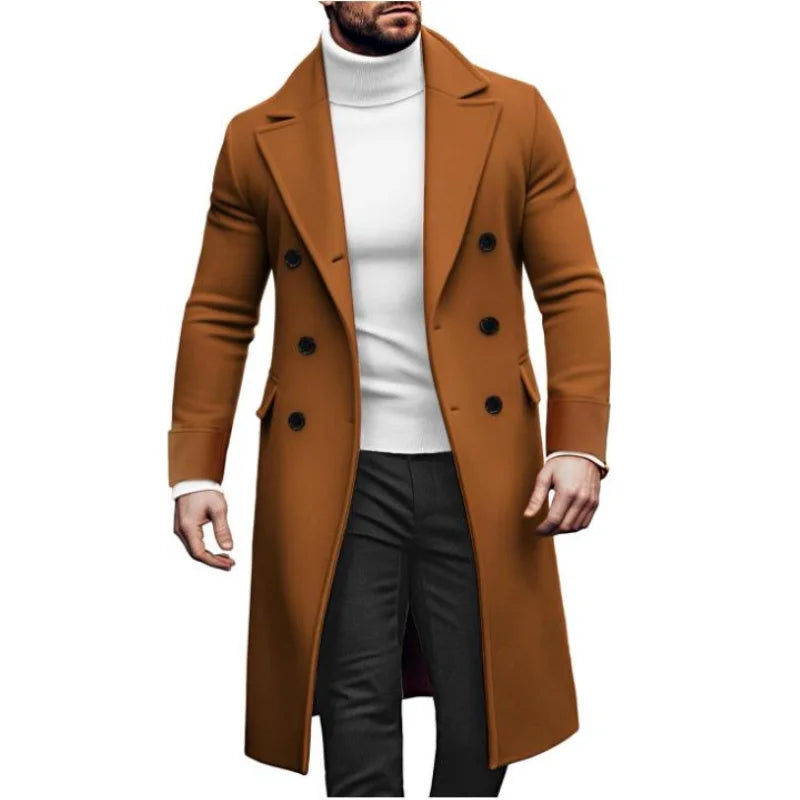 Men Long Double-breasted Coat with Lining Warm Type Wool Blend Lapel Casual Eu Size Customized overcoat