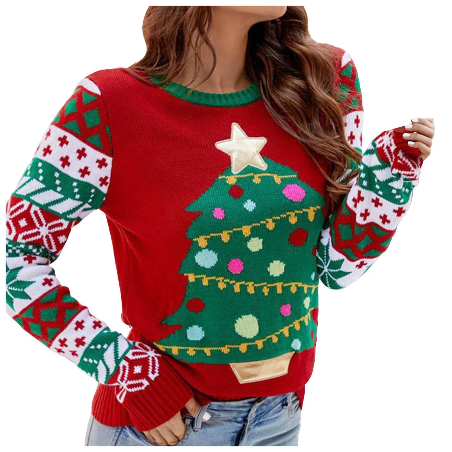 Women's Autumn and Winter New Christmas Casual Round Neck Embroidered Jumper.