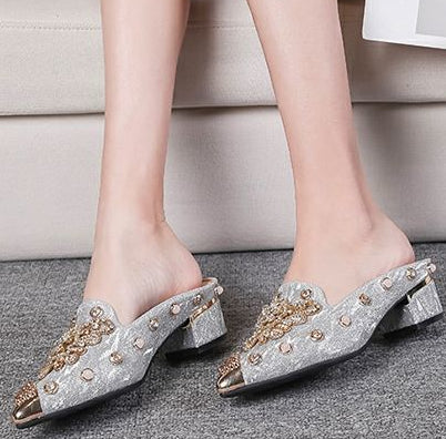 Mules Shoes Women Sandals Ladies Elegant Rhinestone Designer Mirror Luxury Party Slipper Summer New 2024 Slippers Fashion Roman