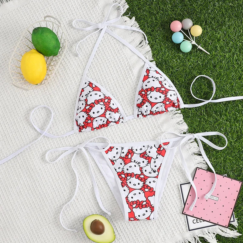 Anime Hello Kitty 2Pcs Underwear for Girls Cartoon Bikini Swimsuit with Breast Pads Fashion Ladies Bra Briefs