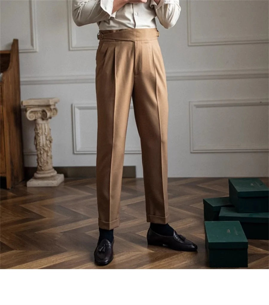 Men Solid Color Suit Trousers Spring Trendy Belt High Waist Pants Male Business Office Fashion Pleated Straight Pants Streetwear