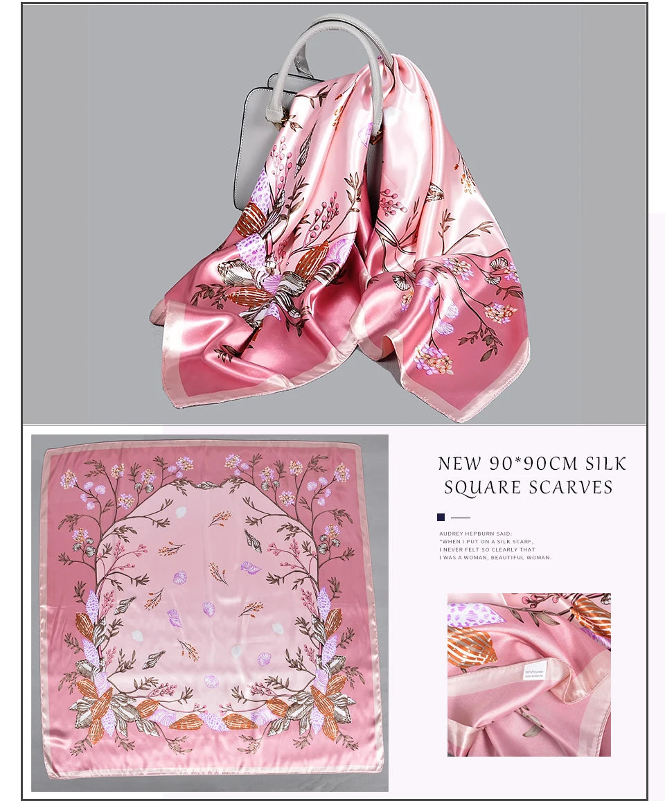 Pink New Elegant Floral Square Silk Satin Scarves