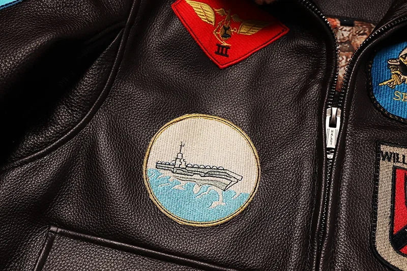 NoEnName_Null Men’s Military Style Cow Leather Jacket – Winter Outerwear with Zippers and Turn-Down Collar