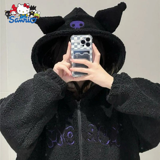 Sanrio Kuromi Hoodies Cartoon Black Embroidery Thin Coat Women Tops Autumn Looses Clothes