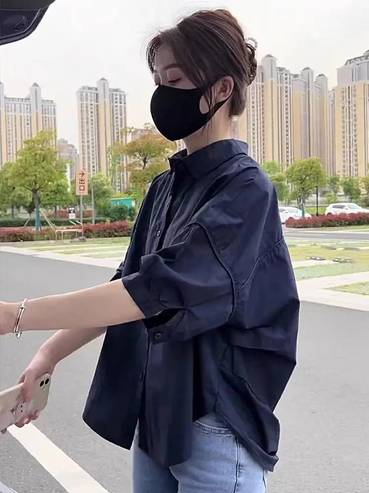 NoEnName_Null Women's Loose Fit Casual Shirt – Turn-down Collar Batwing Sleeve Cardigan