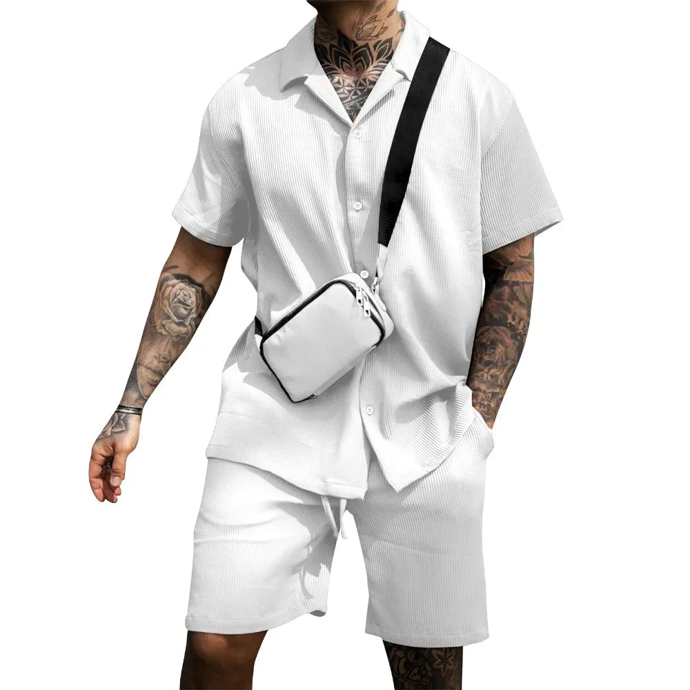 Men's New Casual Comfortable Button Short Sleeve Polo Shirt and Shorts Suit