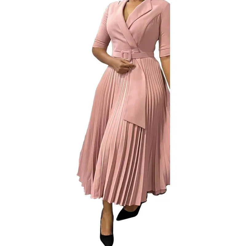 Women Autumn Elegant Half Sleeve V-neck Polyester Pleat Long Dress