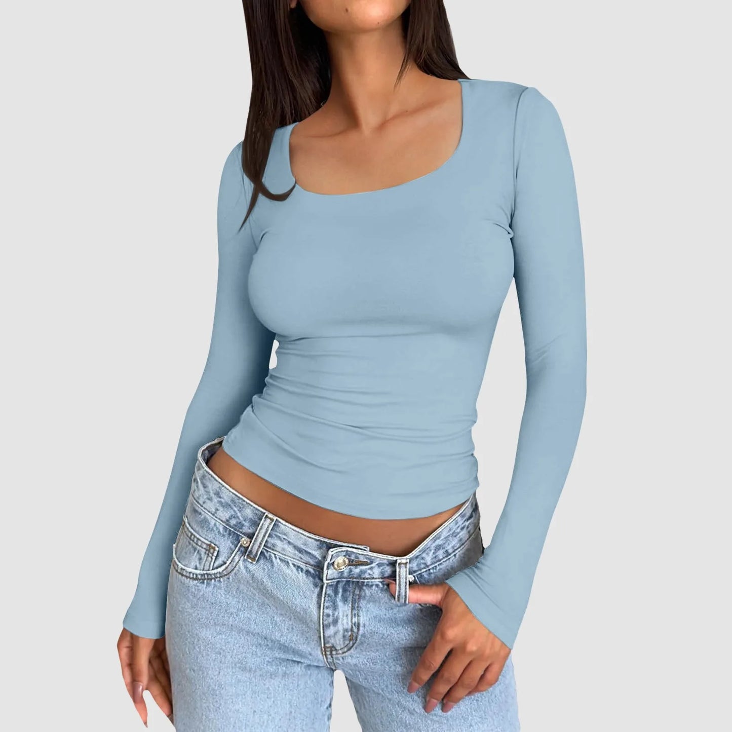 Women Long Sleeve Round Neck Crop Top basic solid tight slim women's plain T-Shirt.