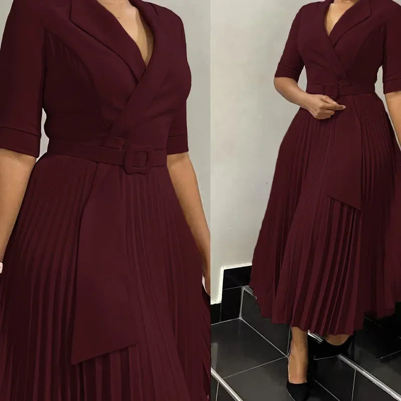 Women Autumn Elegant Half Sleeve V-neck Polyester Pleat Long Dress