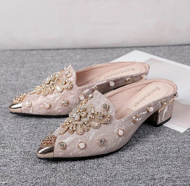 Mules Shoes Women Sandals Ladies Elegant Rhinestone Designer Mirror Luxury Party Slipper Summer New 2024 Slippers Fashion Roman