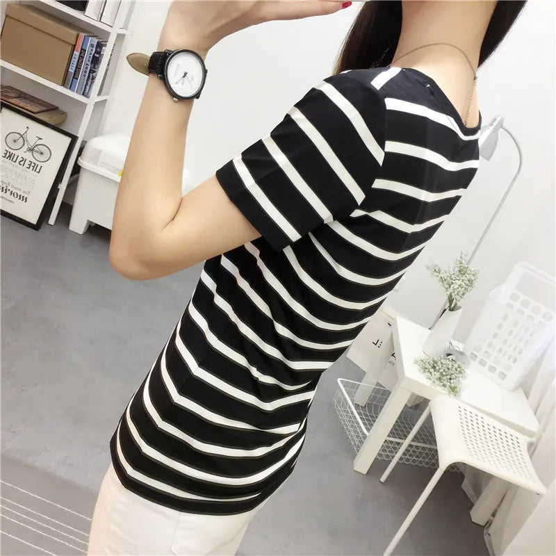 MRMT Stripes Womens T-Shirt V collar Skinny Half Sleeve Clothes ideal for summer