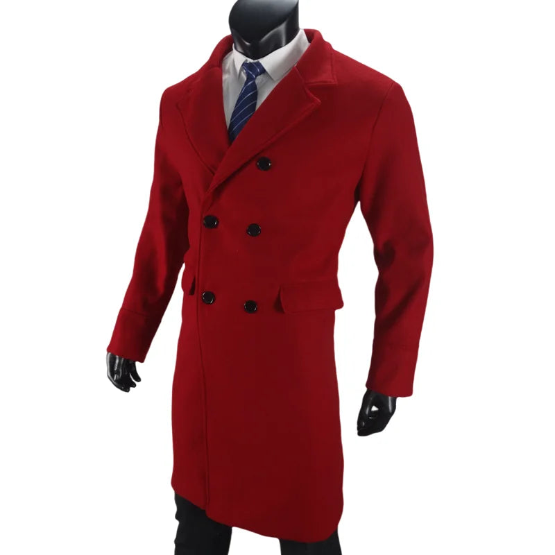 Men Long Double-breasted Coat with Lining Warm Type Wool Blend Lapel Casual Eu Size Customized overcoat