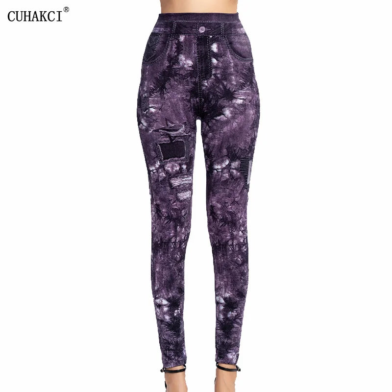 CUHAKCI Slim Women Leggings Faux Denim Jeans High Waist Elastic Fitness Sports Workout Running Push Up Leaf Print Trousers