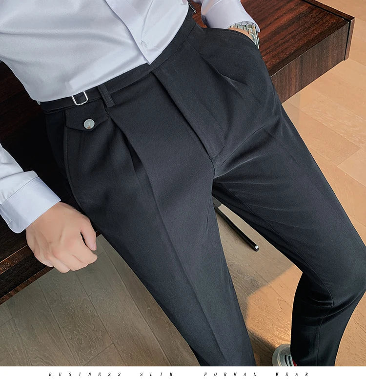 British Style New Solid High Waist Pant Men Business Formal Wear Trousers 2024 High Quality Slim Casual Office Suit