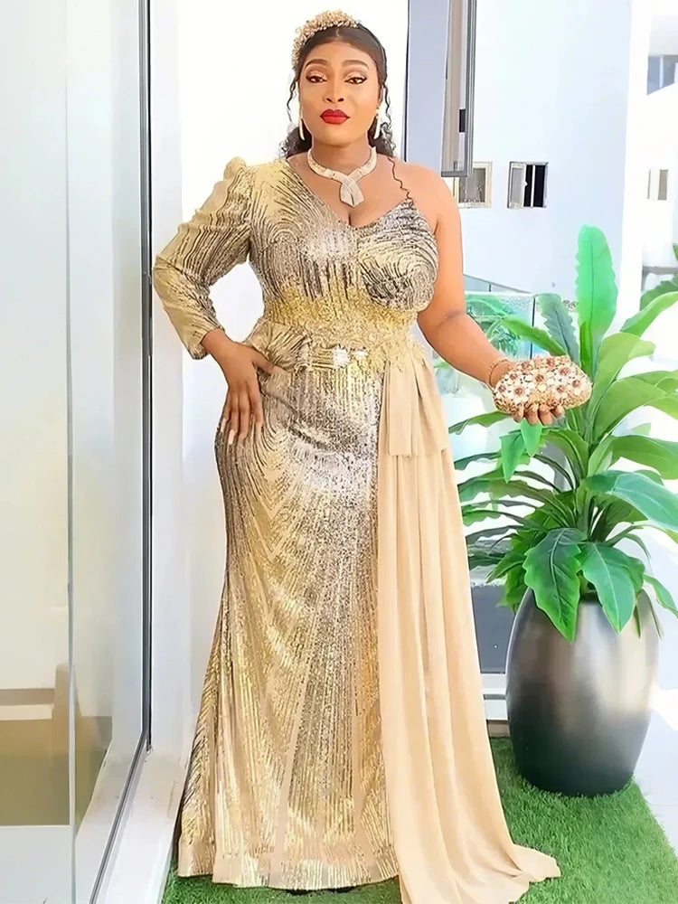 NoEnName_Null Women's Asymmetrical Sequin A-Line Floor-Length Dress – Slim Fit, High Stretch, All-Season Polyester