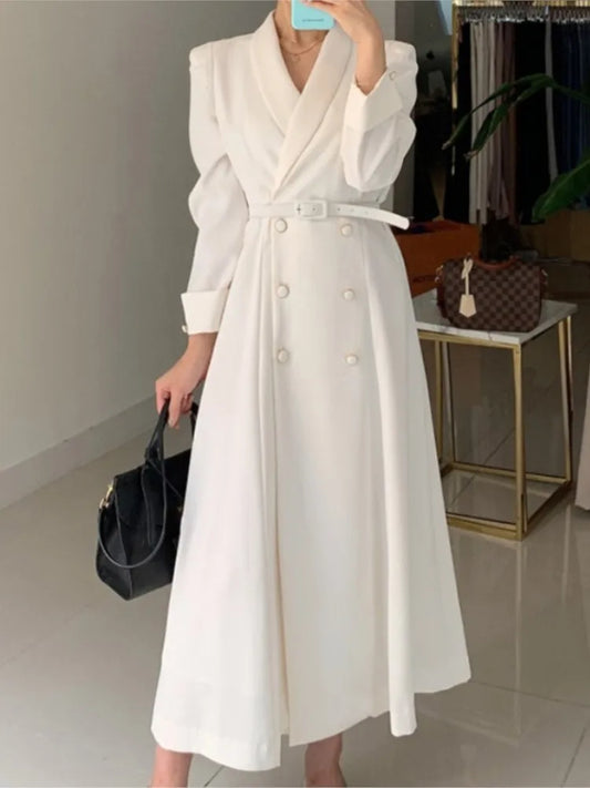 Women Autumn Double Breasted Elegant White Dresses Long Sleeve Casual Office Ladies A-Line Black Vestidos Femme Fashion Clothes