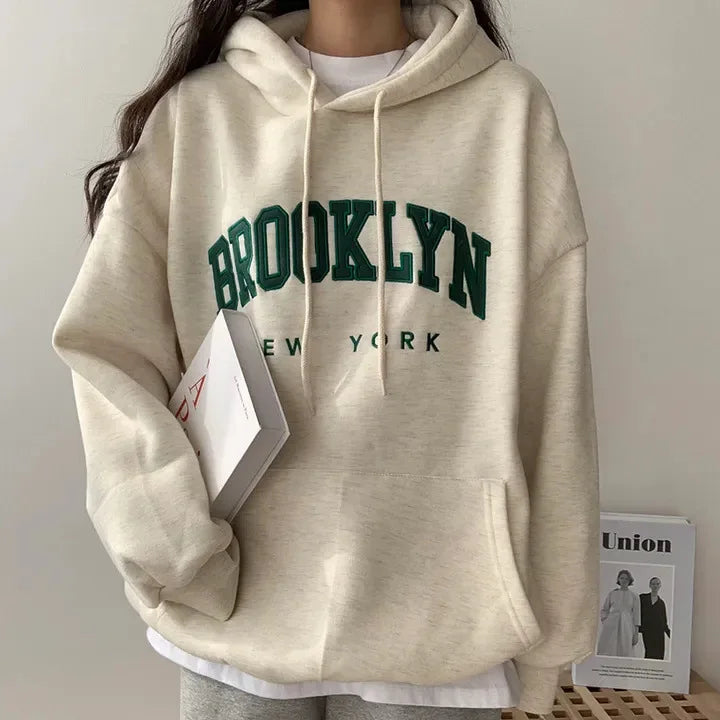 Letter Print Women Sweatshirt 2024 New Warm Full Sleeve Hoodies Ladies Streetwear Winter Pullovers Loose Clothes Hooded Pocket