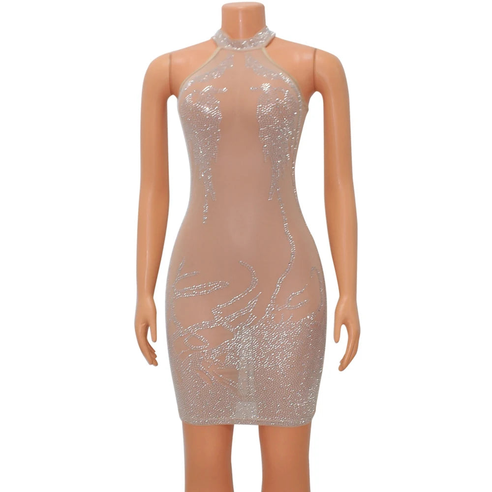 Sexy Mesh Rhinestone Short Prom Evening Mini Dress See Through Outfits Luxury For Women Night Club Party Diamond Bodycon Dresses