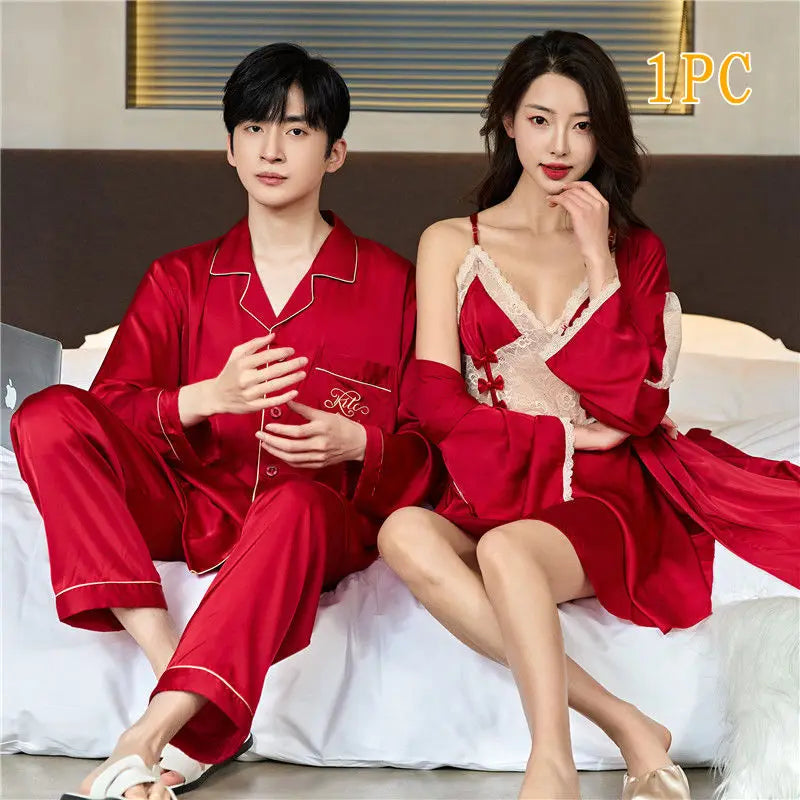 Men Women High Quality Satin Couple Pajamas Gown Set Sexy Hollowout Lace  Spaghetti Straps V-Neck Long Sleeves Pants Loungewear