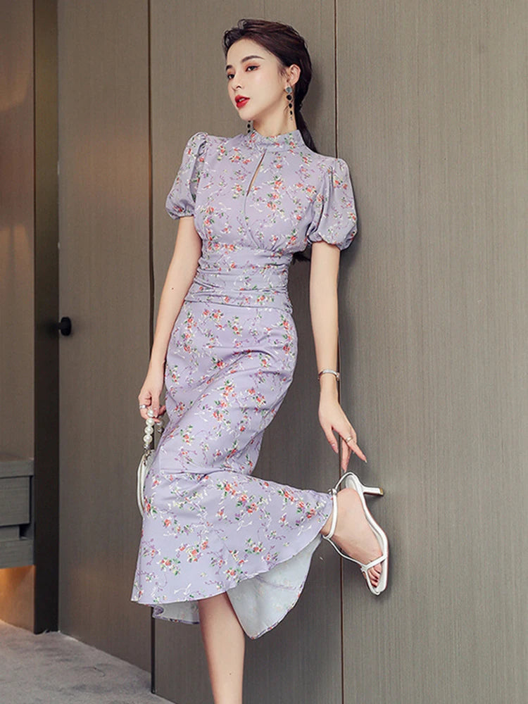 MingJieBiHuo Women's Sweet Asymmetrical Print Dress with Puff Sleeves – Summer Collection