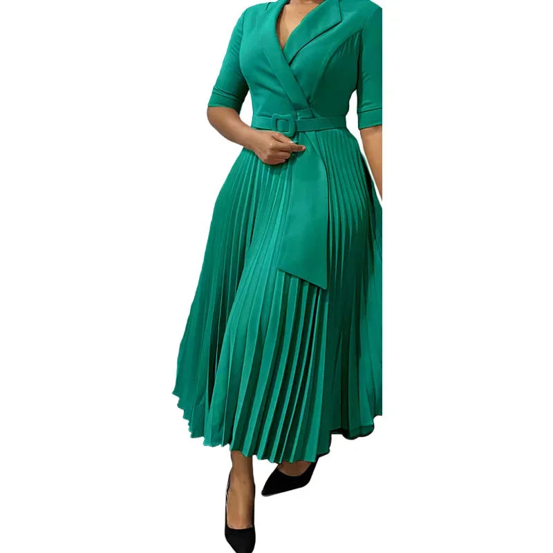 Women Autumn Elegant Half Sleeve V-neck Polyester Pleat Long Dress