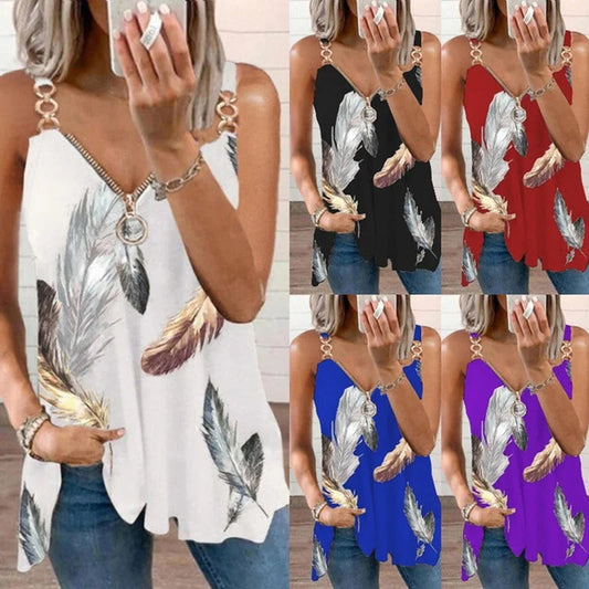 2023 Summer Women T-Shirts new Fashion Casual Blouse Chain Cold Shoulder Sleeveless T-Shirt Sexy V-Neck Feather Print Tops