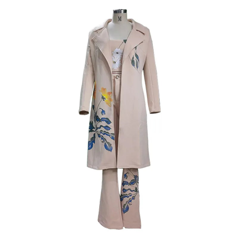 Long Trench coat Sets Female Autumn Temperament Print Flower Windbreaker Wide Leg Pant Suit Three Piece Set Office Lady