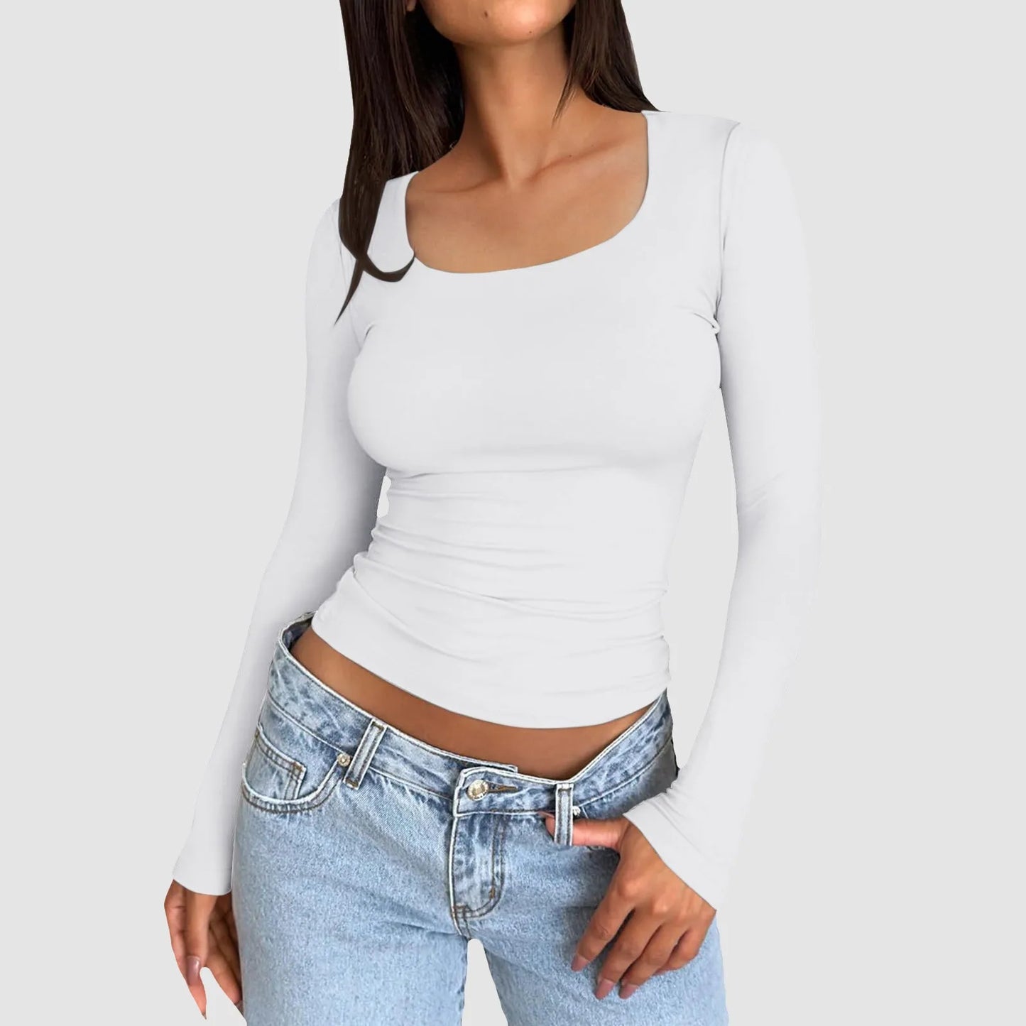 Women Long Sleeve Round Neck Crop Top basic solid tight slim women's plain T-Shirt.