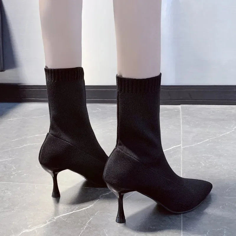 Female Shoes, 2024 Plus Size Knitted Ankle Boots Concise Stretch Boots Pointed Toe Slip on Thin Heels Shoes