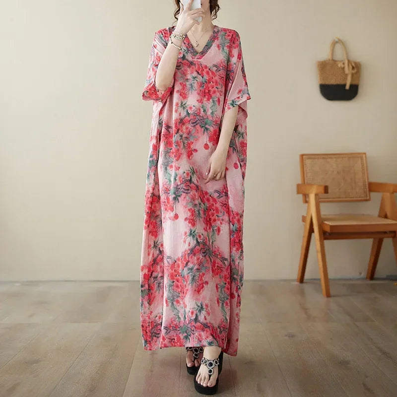 Boho Floral Cotton-Linen Summer Dress for Women – Ankle-Length, Loose Fit, O-Neck