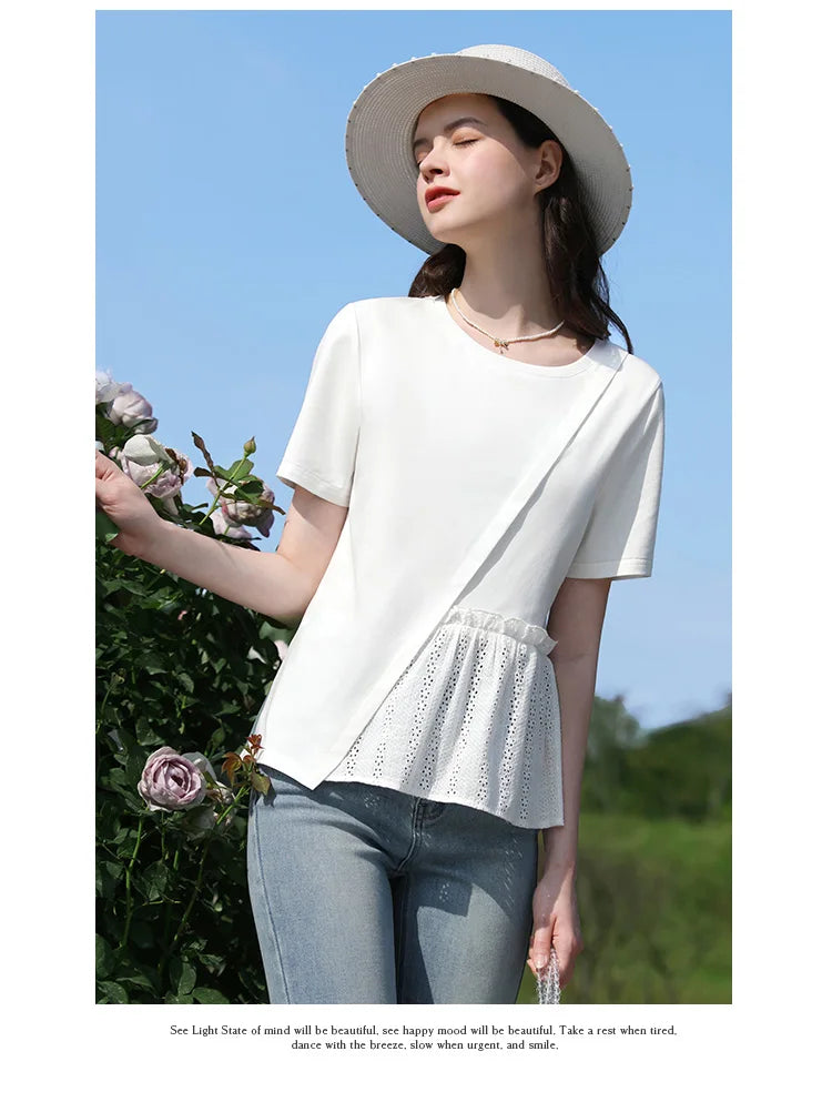 Summer New T-shirts For Women 2024 Spliced Hollow Out Pleated Short-sleeve Casual Fashion Female Blouse 2242015652