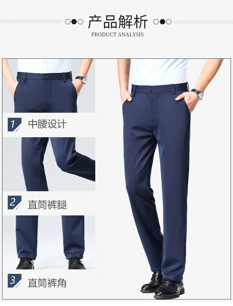 Men's Stretchy Casual Business Pants Spring Summer Breathable Full Length Home Work Trousers