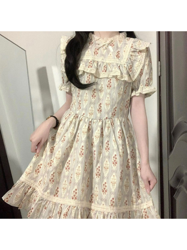 NQYW Women's Knee-Length Print Dress with Bow Neckline - Preppy Style Summer Gown