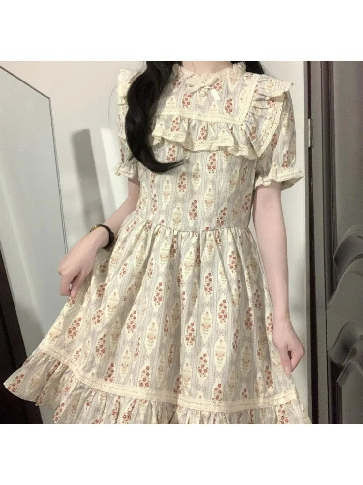 NQYW Women's Knee-Length Print Dress with Bow Neckline - Preppy Style Summer Gown