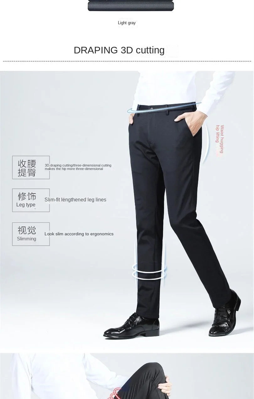 Men's Summer Casual Elastic Non-ironing Trousers coloured in Black Slim-fit Straight Business Formal Trousers