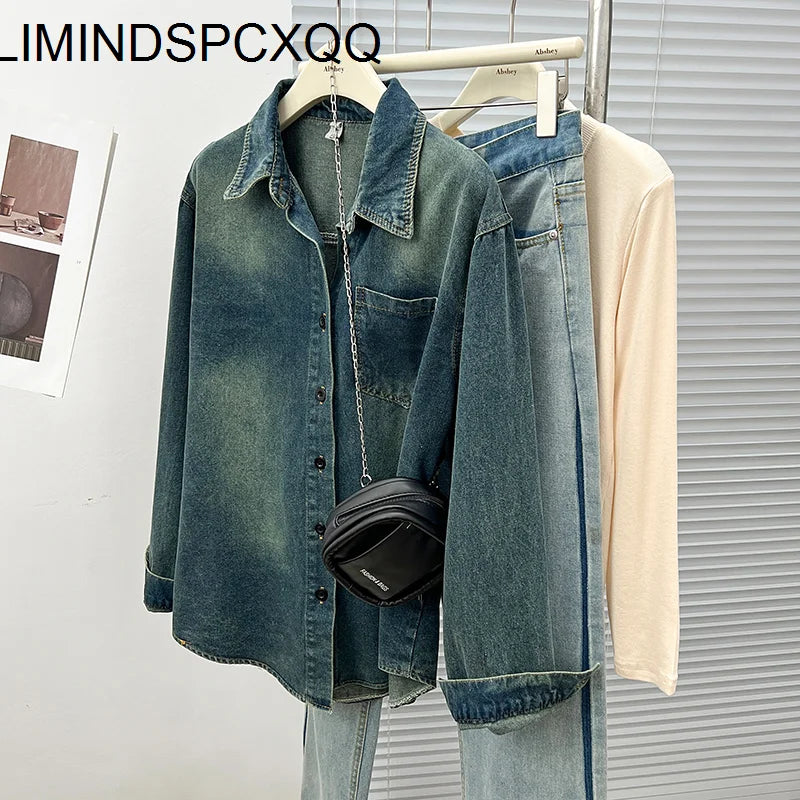 2024 Washed Blue Denim Shirt Jacket Women Spring Small Lapel Lazy Feeling Single Breasted Jean Coats