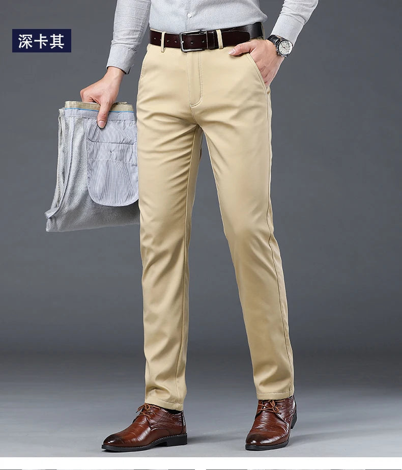 HIQOR Winter Fleece Men's Casual Pants Stretch Solid Business Straight Trousers ideally for Office .