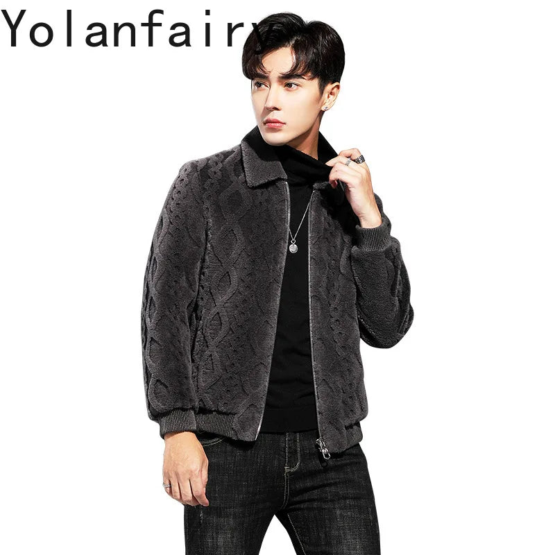 YOLANFAIRY 100% Wool Real Fur Coat Winter Shearling Jackets for Men Cropped Leather Jacket