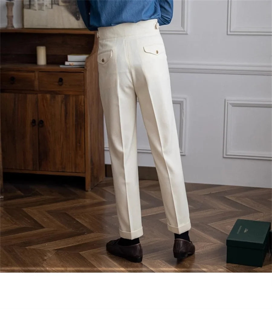 Men Solid Color Suit Trousers Spring Trendy Belt High Waist Pants Male Business Office Fashion Pleated Straight Pants Streetwear