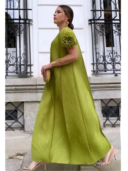 NoEnName_Null Women’s Asymmetrical Neckline A-Line Pleated Long Skirt Dress – Casual Retro Style, Mid-Calf Length