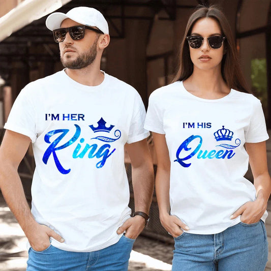 I'm Her King and his Queen Print T- Shirt Summer Lovers Tee Shirt Women and Man Oversized Crown Couple T-Shirt