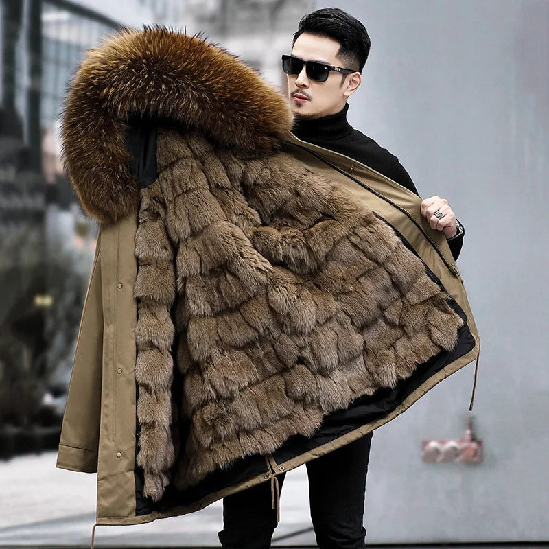 Hot Sales 2023 Men's Thickened Warm Parka Mid Length Detachable Fox Fur Lining Raccoon Winter Fur Coat